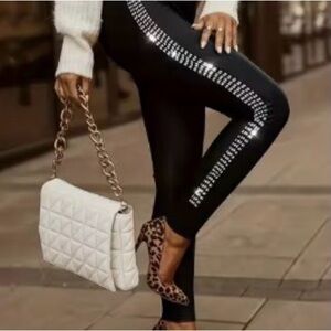 Elegant Black Rhinestone Embellished Pants New 1xl
